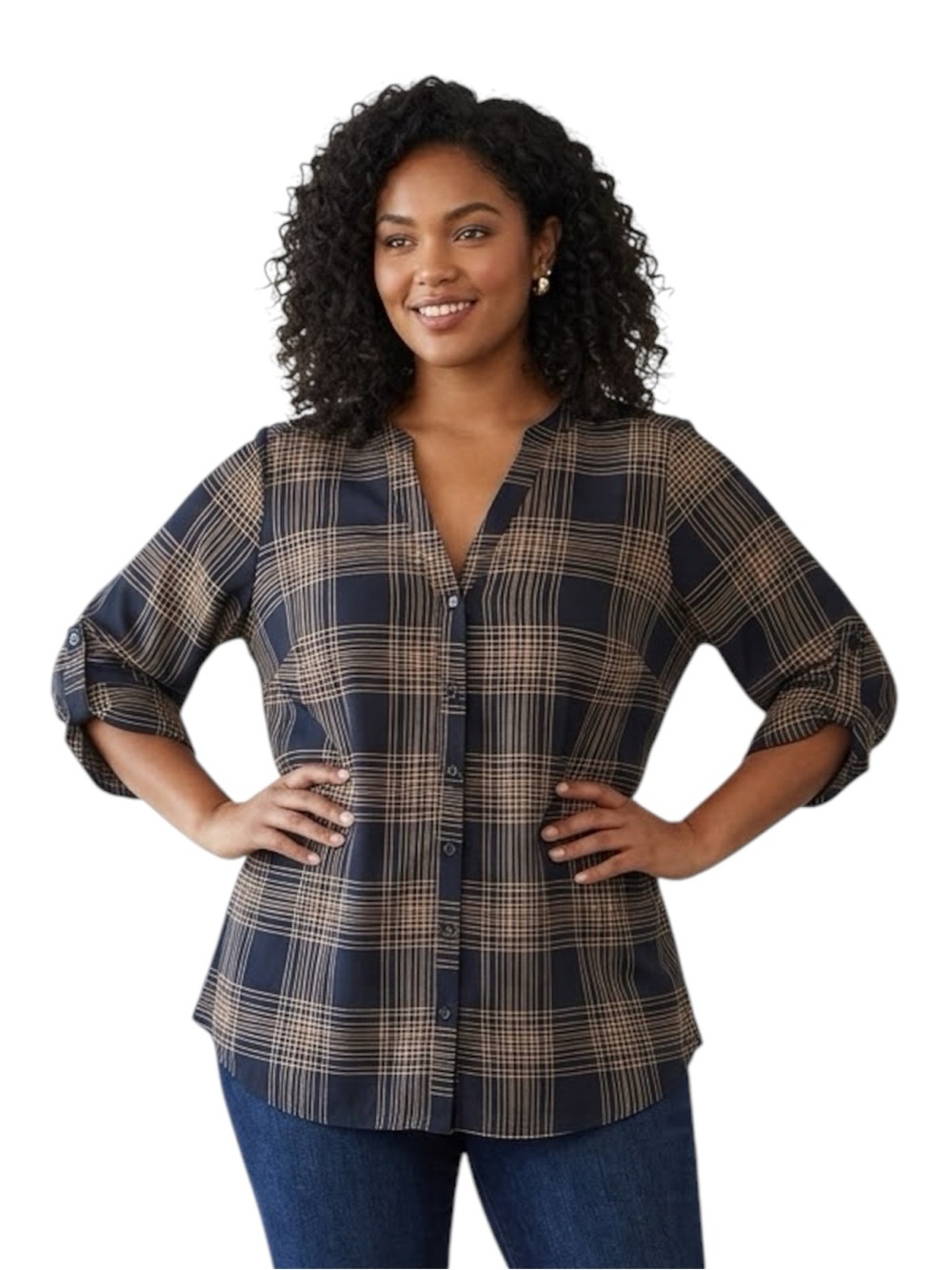 BloomChic Plaid Button Down Crop Tab Sleeve V Neck Top Size 14/16